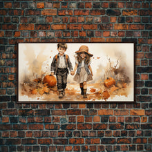 Load image into Gallery viewer, Boy And Girl Holding Hands, Fall Wall Decor, Canvas Print, Wall Hanging, Panoramic Art, Kids Wall Art, Nursery Wall Art, Gifts For Grandma
