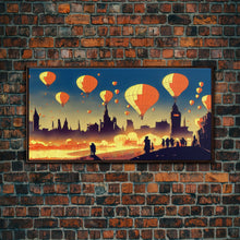 Load image into Gallery viewer, Flight of the balloons, hot air balloon armada, framed canvas print, ready to hang framed wall art
