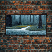 Carregar imagem no visualizador da galeria, Cabin art, snow covered winter forest, winter vacation home art, framed canvas print, ready to hang framed wall art
