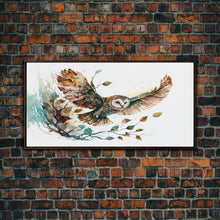 Carregar imagem no visualizador da galeria, Flying owl with trees, leaves, forest double exposure, nature animal, owl illusion art, wrapped framed canvas print, office wall art

