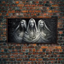 Load image into Gallery viewer, The Norns, Norse Mythology, Weavers of Fate, Framed Canvas Print,  Urðr, Verðandi, and Skuld, Black and White Norse Fantasy Art
