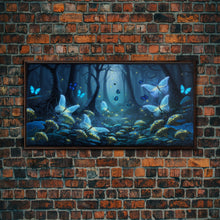 Load image into Gallery viewer, Magical Enchanted Fairy Forest, Fantasy Art, Framed Canvas Print, Bioluminescent Butterflies in an Enchanted Forest, Glowing Art
