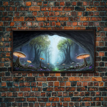 Load image into Gallery viewer, Magical Enchanted Mushroom Forest, Fantasy Art, Framed Canvas Print, Bioluminescent Butterflies in an Enchanted Forest, Glowing Art
