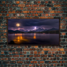 Carregar imagem no visualizador da galeria, Full moon canvas print, Lightning storm over a mountain lake at night, cool wall art, awesome wall art
