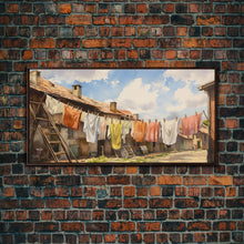 Load image into Gallery viewer, Watercolor Laundry In Village Wall Decor, Rural Wall Decor, Laundry Room, Panoramic Wall Decor, Canvas Print, Wall Art, Framed Canvas Art
