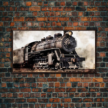 Load image into Gallery viewer, Black Steam Train Wall Art, Locomotive Wall Decor, Retro Train Wall Art, Panoramic Wall Decor, Canvas Print, Wall Art, Framed Canvas Art
