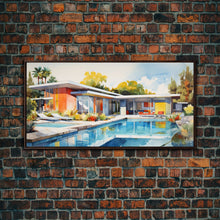 Load image into Gallery viewer, Architecture Art, Midcentury Modern, House Portrait, Watercolor House, Panoramic Art, Wall Art, Canvas Art, Landscape Art, Realtor Gift
