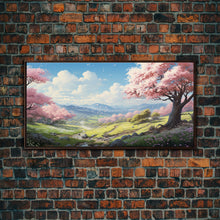 Cargar imagen en el visor de la galería, Cherry Blossom Art, Mountains Wall Art, Spring Art, Panoramic Art, Wall Art, Canvas Art, Landscape Art, Teacher Gift, Family Room Art
