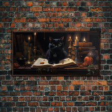 Load image into Gallery viewer, The Witch's Familiar, Black Cat Art, Witch Print, Framed Canvas or Poster, Victorian Oil Painting, Dark Academia, Witchcraft Decor
