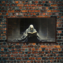Load image into Gallery viewer, Grim Reaper Reading A Book In A Haunted Library, Framed Canvas Print, Victorian Oil Painting Style, Spooky Halloween Decor, Goth Art
