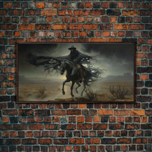 Load image into Gallery viewer, Ghost Cowboy Art, Framed Canvas Print, Halloween art, spooky decor, cowboy art, western decor, grim reaper on a horse in the desert
