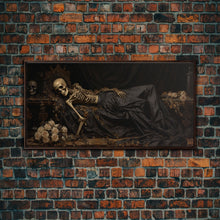 Load image into Gallery viewer, Eternal Slumber, Framed Canvas Print, Creepy Victorian Oil Painting, Halloween Art Prints, The Sleeping Skeleton Painting
