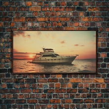 Carregar imagem no visualizador da galeria, An Abandoned Yacht at Sunset - Framed Canvas Print - Nautical Decor - Vaporwave Art - Liminal Spaces - Urban Decay - Eclectic Wall Art
