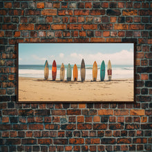 Carregar imagem no visualizador da galeria, Boho Beach Decor, Framed Canvas Print, Retro Surf Boards In The Sand, Living Room Decor, Gift For Him, Surfer Gift
