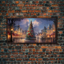 Cargar imagen en el visor de la galería, Christmas Decor Handmade, Framed Canvas Print, Beautiful Winter Wonderland Christmas Village, Christmas Tree Art

