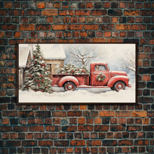 Cargar imagen en el visor de la galería, Christmas Tree Delivery - Retro Farmhouse Christmas Decor - Old Red Truck Delivering Christmas Trees - Framed Canvas Print - Holiday Decor

