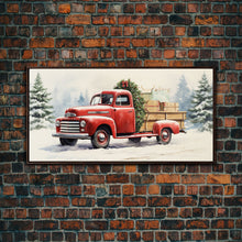Cargar imagen en el visor de la galería, Christmas Tree Delivery - Retro Farmhouse Christmas Decor - Old Red Truck Delivering Christmas Trees - Framed Canvas Print - Holiday Decor
