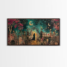 Load image into Gallery viewer, Banshee In The Graveyard, Framed Canvas Print, Halloween Decor, Spooky Season Wall Art, Halloween Gift Idea
