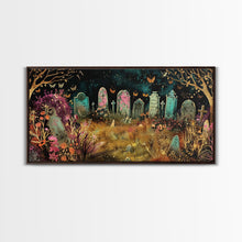 Load image into Gallery viewer, Colorful Haunted Grave Yard In The Spring Time, Framed Canvas Print, Spooky Wall Art, Halloween Spooky Season Decor
