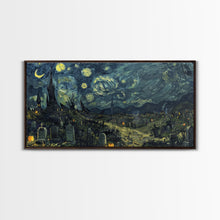 Carregar imagem no visualizador da galeria, Starry Night Inspired Haunted Cemetery Framed Canvas Print, Halloween Wall Decor, Art Prints, Creepy Art
