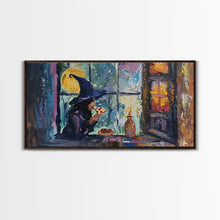 Load image into Gallery viewer, Witch Eatin&#39; a Slice of Pizza, Framed Canvas Print, Witchy Decor, Impasto Style Halloween Wall Art
