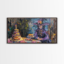 Carregar imagem no visualizador da galeria, Birthday Party for One, Springtime Witch and A Birthday Cake, Framed Canvas Print, Funny Halloween Art
