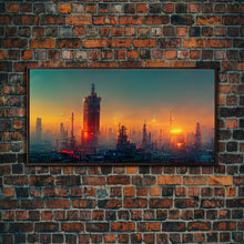 Load image into Gallery viewer, Cyberpunk city canvas art, video game concept art, living room wall art, dystopian art, outrun style city at sunset, man cave wall art

