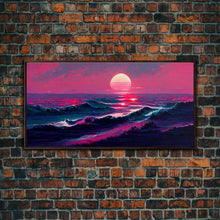 Load image into Gallery viewer, Synth wave sunset, ocean painting canvas print, outrun style, sun set art, wall decor, Made in Texas, ocean sunset, beach vaporwave

