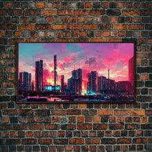Load image into Gallery viewer, Cyber punk city skyline canvas print, outrun sunset, synthwave, vapor wave, dystopian city at sun set, mancave wall art, video game concept
