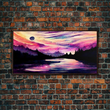 Carregar imagem no visualizador da galeria, Beautiful lake at night canvas print, purple and pink sunset night sky, wall art canvas, lake front view, guest room, surreal Lakehouse Art
