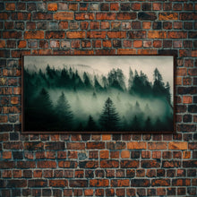 Load image into Gallery viewer, Framed Canvas Print, Pine Tree Forest, Misty Forest Landscape, Fog Covered Mountain, Nature Landscape Decor
