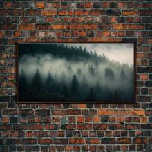 Carregar imagem no visualizador da galeria, Foggy pine forest, Canadian forest art, framed canvas print, farmhouse decor, misty forst landscape
