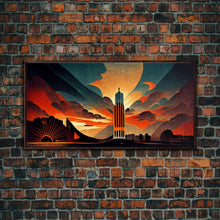 Cargar imagen en el visor de la galería, Dystopian metropolis canvas print, ready to hang wall art, art deco sunset, 1930s architecture, living room art, art nouveau
