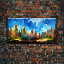 Carregar imagem no visualizador da galeria, Beautiful Forest Sunset Oil Painting Canvas Print, Blue Skies and Fall Trees, Autumn, Ready to hang gallery wrapped nature canvas print
