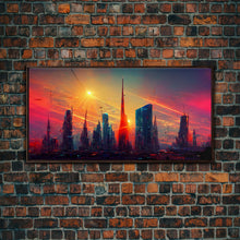 Load image into Gallery viewer, Dystopian Cyberpunk canvas print, cyber punk city at sunset, Bladerunner vibes art, synthwave style art, cool wall art, night city
