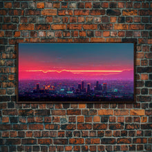 Load image into Gallery viewer, Los Angeles Wall Art, California at sunset canvas print, outrun style, vapor wave, synth wave sunset, ready to hang wall art
