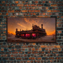 Load image into Gallery viewer, Dystopian steampunk wild west mashup, abandoned wild west saloon art, canvas print, ready to hang wall art
