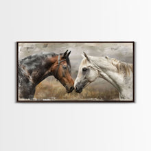 Cargar imagen en el visor de la galería, Black and White Horses, Framed Canvas Print for Elegant Living Room Decor, Equine Art for Home and Bedroom Decoration
