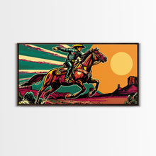 Load image into Gallery viewer, Vintage Cowboy Riding Horse, Western Sunset Wall Art, Framed Canvas Print, Rustic Decor, Cowboy Art, Country Living Room
