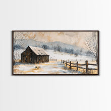 Load image into Gallery viewer, Snowy Barn in Winter Field, Framed Canvas Print, Rustic Wall Art, Living Room Decor, Farmhouse Style, Winter Landscape

