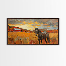 Carregar imagem no visualizador da galeria, Black Horse in Autumn Field with Red Barn, Perfect Farmhouse Art, Framed Canvas Print, Rustic Wall Decor, Living Room Decoration
