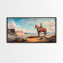 Load image into Gallery viewer, Cowboy on Horse Overlooking Canyon, Majestic Western Art, Framed Canvas Print, Boho Wall Art, Living Room Decor, Home Decoration
