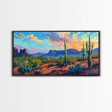 Load image into Gallery viewer, Desert Sunset with Cacti and Mountains, Abstract Southwestern Art, Framed Canvas Print, Rustic Boho Wall Decor, Living Room Art
