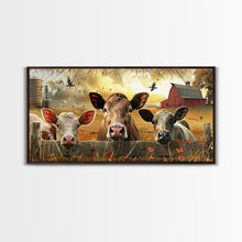 Carregar imagem no visualizador da galeria, Cute cows peeking through barn fence, Framed Canvas Print, ideal for farmhouse living room, country style wall art decor
