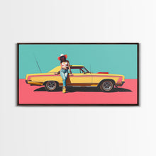 Load image into Gallery viewer, Bold Cowgirl Posing with Yellow Car, Pop Art Framed Canvas Print for Living Room, Ideal Bedroom Wall Art, Unique Home Decor

