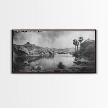 Load image into Gallery viewer, Peaceful Desert Oasis with Palm Trees, Framed Canvas Print for Living Room Decor, Ideal Bedroom Wall Art, Serene Western Scene
