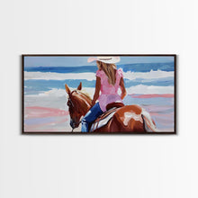 Load image into Gallery viewer, Cowgirl Riding Horse by the Ocean, Tranquil Framed Canvas Print, Perfect for Coastal Living Room Art, Beach Bedroom Decor, Horse Wall Art
