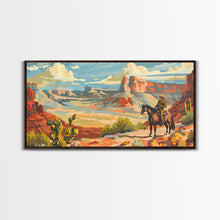Load image into Gallery viewer, Cowboy Riding through Canyon, Framed Canvas Print for Rustic Living Room Decor, Western Art for Home and Bedroom Decoration
