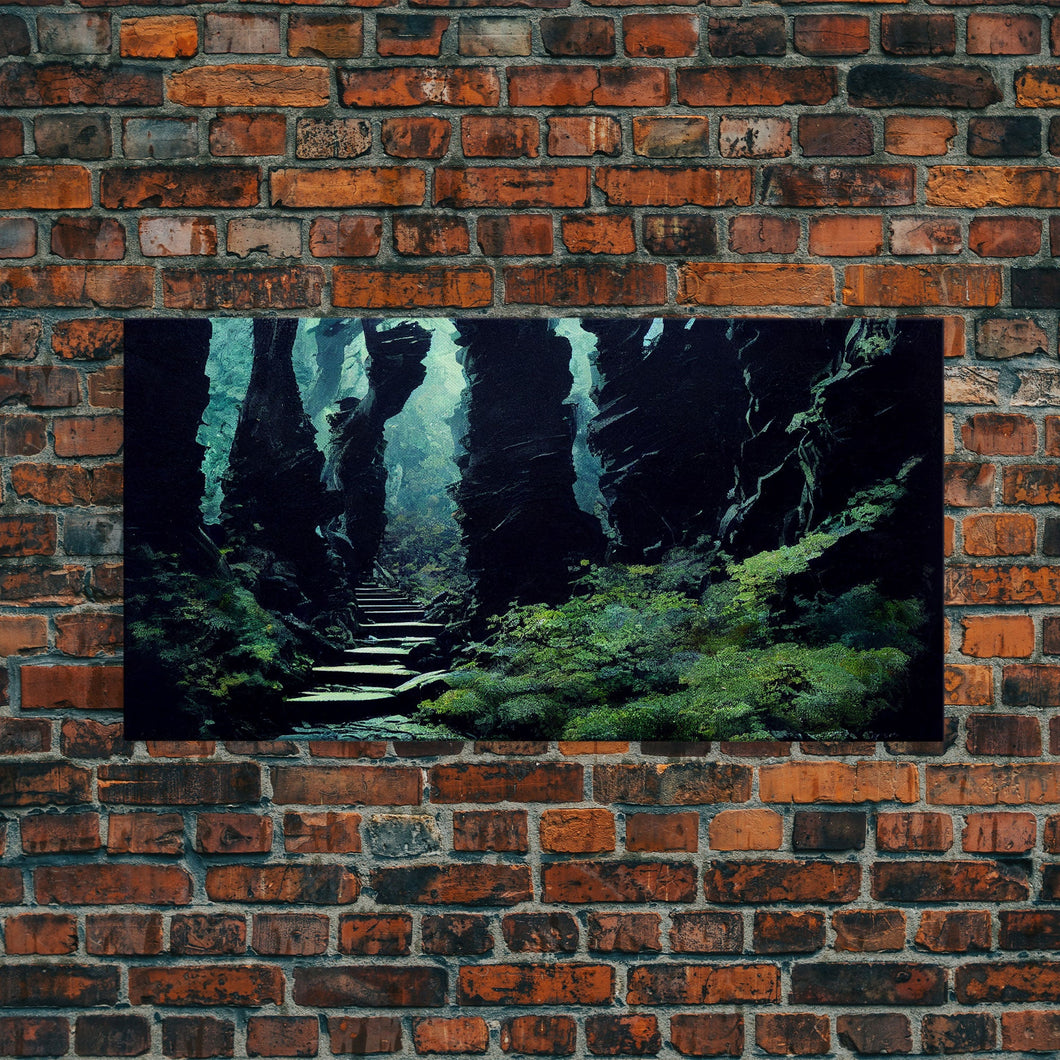 Fantasy Forest with Temple Steps, Wall Decor, Ready To Hang Framed Canvas Print, Oversize Wall Art