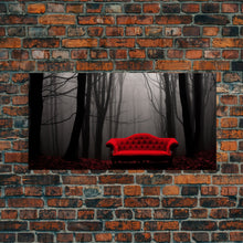 Load image into Gallery viewer, Red Sofa In A Forest Framed Canvas Print, Thought Provoking Art, Framed Art, Creepy Photography, Halloween Art
